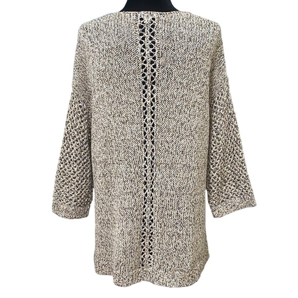 J Jill Open Knit V-Neck Sweater Petite Large Tan Black Boho Lagenlook Slouchy - Picture 3 of 7